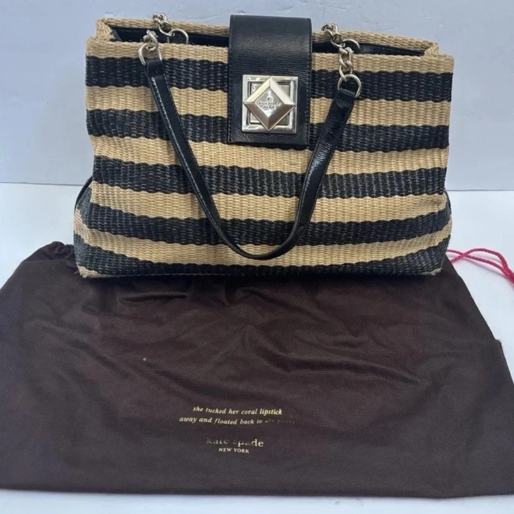 Kate spade Handbag Satchel Straw Leather Shoulder Bag Black Camel Striped
